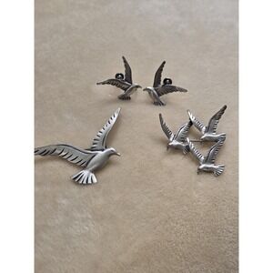 BEAU 925 Sterling Silver Vintage Seagull Birds Pin Brooch Set With Earrings